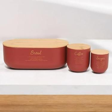 Imagem de Conjunto 3 Porta Mantimento Aço Galvanizado Tampa Bambu Pao Açucar Café Vermelho Moderno Decorativo