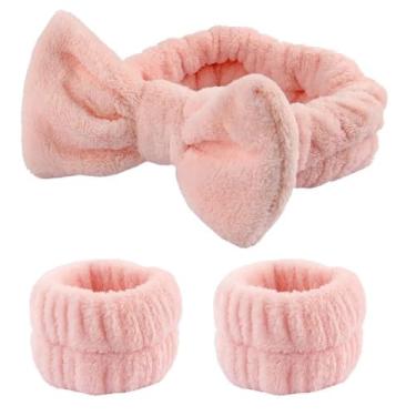 Imagem de Conjunto de faixa de cabeça e pulseira para mulheres – Faixa de cabelo para lavar o rosto, máscara facial, maquiagem e cuidados com a pele (rosa)
