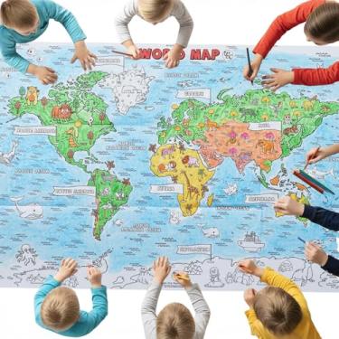 Imagem de THE TINY GENIUS COMPANY Pôster colorido para crianças e adultos | Tema do mapa do mundo | Faixa dobrável de 60 x 90 cm | Atividade educativa de colorir para criatividade e aprendizado | A partir de 3