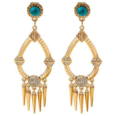 Imagem de Kokoma Brincos femininos boêmios vintage turquesa com pingente de borla, brincos pendentes, zircônia cúbica, joias modernas