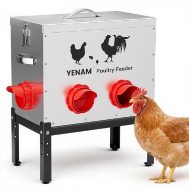 Imagem de Alimentador automático de frango de 18 kg sem desperdício, 6 portas de alimentação grandes alimentadores de frango de metal, alimentador de aves com base de altura ajustável e tampa de bloqueio