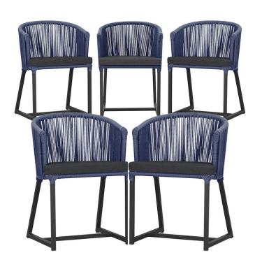 Imagem de 5 Cadeiras De Jantar Noronha Preta Corda Náutica E11 Trama Azul