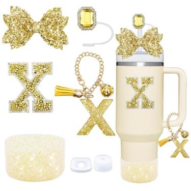 Imagem de Conjunto de acessórios de copo dourado de 7 peças para Stanley Cup 850 g/1,134 g, inclui tampa de canudo de joias, tampa à prova de derramamento, decorações de iniciais, pingente de alça, bota de