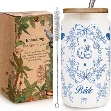 Imagem de Copo de vidro de noiva de 473 ml com tampa de bambu e palha presentes de noivado para noivas mulheres, presente de chá de panela azul, presente de casamento para noivas, despedida de solteira, copo de