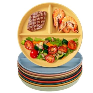 Imagem de 8 peças de pratos divididos de palha de trigo, pratos de refeição de 3 seções, pratos de festa de plástico, seguro para micro-ondas e lava-louças