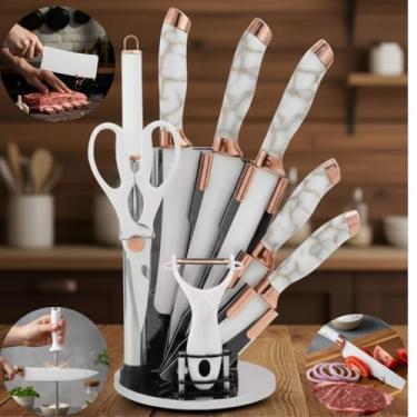 Imagem de Conjunto de Facas Premium 9 Peças Ultra Afiadas Aço Inox com Suporte Acrílico Giratório Cabo Marmorizado (Mármore Branco)