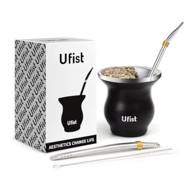 Imagem de Ufist Conjunto de copos de erva-mate, inclui cabaça mate de parede dupla de aço inoxidável com 2 canudos Bombilla e escova de limpeza, capacidade de 221 g, preto