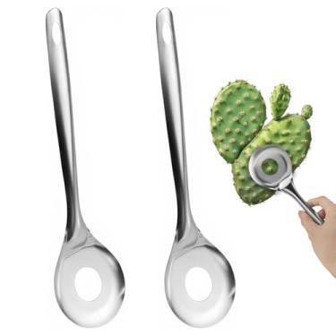 Imagem de 2 colheres de descascador de cacto, aço inoxidável Pelador de Nopales com furo, máquina de almôndegas multifuncional, utensílios de cozinha portáteis para cozinhar sem esforço