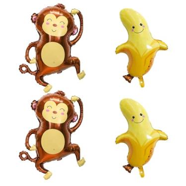Imagem de BIMSJIA Balões de banana macaco em forma de fruta balão de Mylar para chá de bebê, tema de animais da floresta, artigos de festa de aniversário, decorações 4 peças