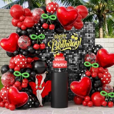 Imagem de JOGAMS 170 peças de decorações de festa Betty, decorações de festa vermelhas e pretas com confete vermelho coração folha de bolinhas verde 260 balões longos para despedida de solteira, aniversário