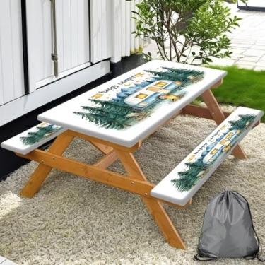 Imagem de Capa de mesa de piquenique com bordas elásticas, capa de mesa Happy Camper, itens essenciais para acampamento ao ar livre, 3 peças, toalha de mesa impermeável para acampamento com cordão 152 cm