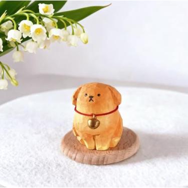 Imagem de Xiyuelily Linda pequena estatueta de Golden Retriever de madeira, estátua de Golden Retriever esculpida à mão com base, boneco exclusivo de cachorro colecionável, presente de decoração de casa para