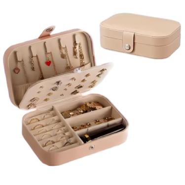Imagem de Porta Joias Portátil em Couro com Botão | Organizador Premium para Anéis, Brincos, Colares e Bijuterias | Estojo Compacto para Viagens e Uso Diário com Design Sofisticado e Prático (Rosa) (Bege)