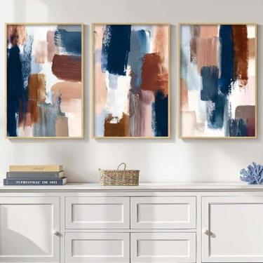 Imagem de Arte de parede em tela azul, branca e marrom, 3 peças, modernas, neutras, abstratas, arte texturizada, azul e marrom, arte de parede abstrata para sala de estar, azul marinho, pintura neutra 40 x 61
