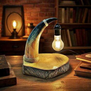 Imagem de Luminária Mesa Rústica Chifre Natural Bovino Country Bivolt