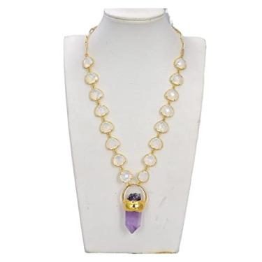 Imagem de URMIBDAI Colares femininos joias 53 cm cristal branco bisel corrente colar ametista ponta pingente cru