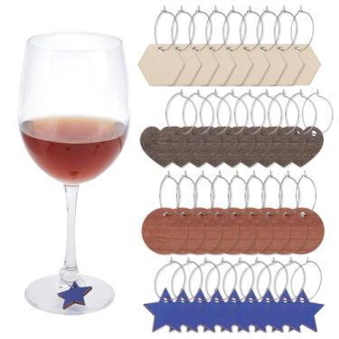 Imagem de HOBBIESAY 80 peças, 4 estilos, pingentes de taça de vinho, madeira, faça você mesmo, rótulo com anéis de aço inoxidável, copos de vidro, marcadores de bebida em branco para taças de caule, champanhe