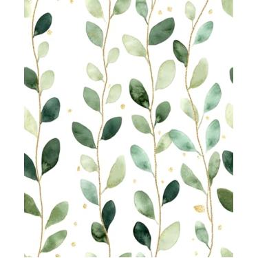 Imagem de VOLEAAR Papel de parede de folha verde, folhas boêmias com design floral dourado papel de parede removível autoadesivo para gaveta de cozinha de quarto, papel de contato verde-oliva de vinil 43 cm x