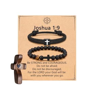 Imagem de MOZAKA 2 pulseiras de cruz para homens, 1 peça cruz de madeira My Heart - presentes religiosos cristãos ajustáveis pulseira masculina contas joias para aniversário, Natal, Páscoa, batismo, meias