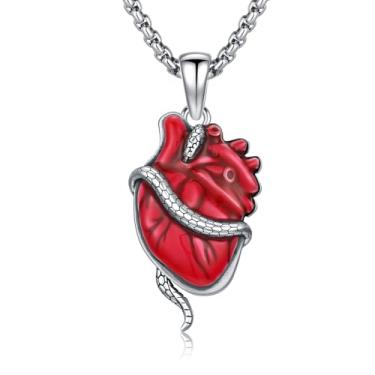 Imagem de PCTJYFU Colar de coração envolto de cobra prata esterlina 925 pingente de óleo vermelho gótico com corrente de aço inoxidável ajustável para homens e mulheres, presente ideal para Halloween, dia dos