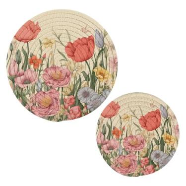 Imagem de Blueangle 2 peças de suporte de panela floral colorido - conjunto de pegadores de panela de tecido redondo - almofadas quentes trançadas de algodão - porta-copos - tapetes de mesa para cozinhar e