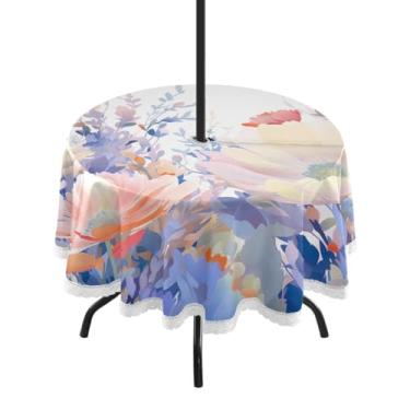 Imagem de ATTX Toalha de mesa redonda colorida com flores silvestres ao ar livre – 152 cm, impermeável, à prova de derramamento, uso interno/externo, com orifício para guarda-chuva com zíper para acampamento
