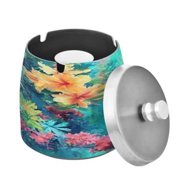 Imagem de Blueangle Cinzeiro com estampa de flores em aquarela com tampa para cigarros, à prova de vento/chuva, aço inoxidável, sem fumaça, inodoro, cinzeiro para uso interno ou externo (129)
