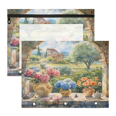 Imagem de SEHANY Pasta de lápis de flores de jardim com 3 anéis - bolsa de documentos com zíper tamanho A4 com janela transparente para sala de aula, escritório, 2 peças