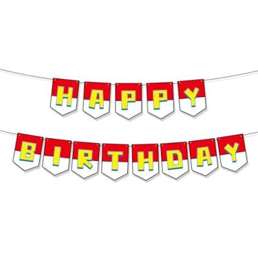 Imagem de Happy Birthday Cartoon Banner, Pré-Enfiado Vermelho Branco Amarelo Aniversário Festa Decorações Tema Aventura Guirlanda de Letras para Crianças & Fãs Animação Festa Lembrancinhas e Suprimentos