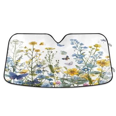 Imagem de ATTX Flores silvestres com borboletas pára-brisa de carro 144.8 cm x 80.0 cm escudo solar universal com proteção UV, persiana de janela frontal automática dobrável para Sedans SUVs caminhões #357