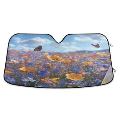 Imagem de ATTX Pára-brisas de carro colorido flores silvestres prado para-sol 134.6 cm x 59.7 cm protetor solar universal com proteção UV, persiana de janela frontal automática dobrável para Sedans SUVs