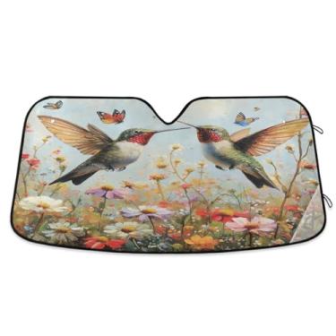 Imagem de ATTX Para-brisa de carro beija-flores silvestres 134.6 cm x 59.7 cm Protetor solar universal com proteção UV, persiana de janela frontal automática dobrável para caminhões Sedans SUVs #343