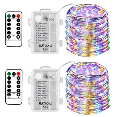 Imagem de BXROIU 2 luzes de corda de fadas operadas a pilhas, fio prateado 8 correntes de 5 metros, 50 LEDs, cordão de luzes com controle remoto para decoração de quarto, festa de Natal e casamento