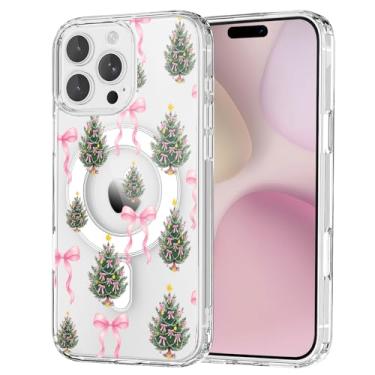 Imagem de OFQKOAKS Capa para iPhone 16, compatível com MagSafe, capa de telefone magnética fofa festiva de Natal com arco rosa, capa protetora fina e transparente para mulheres e meninas