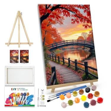 Imagem de JOOZ Kit de pintura por números para adultos com moldura paisagem de outono pintura por número com cavalete floresta kits de pintura para adultos por números kits de pintura a óleo em tela emoldurada
