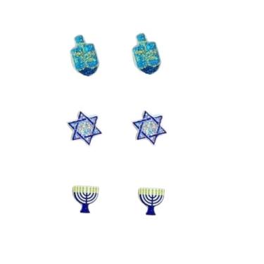 Imagem de 3 pares de brincos de Hanukkah com glitter para mulheres, azul, ouro branco, menorá, estrela de Davi, vela judaica, Hanukkah, Chanucá, presentes de joias de Natal, Small, Zinco, Sem pedra preciosa