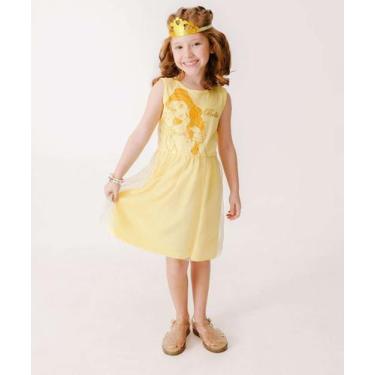 Imagem de Vestido Infantil Fantasia Tule Bela Disney Tam 4 a 10-09030, Amarelo, 