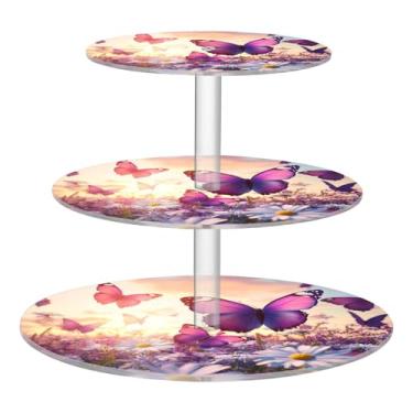 Imagem de CEBUGI Suporte de cupcake de 3 camadas, borboletas roxas, margaridas brancas, suporte redondo para bolo, torre, bandeja de servir em camadas de acrílico para chá, chá de bebê, casamento e mais