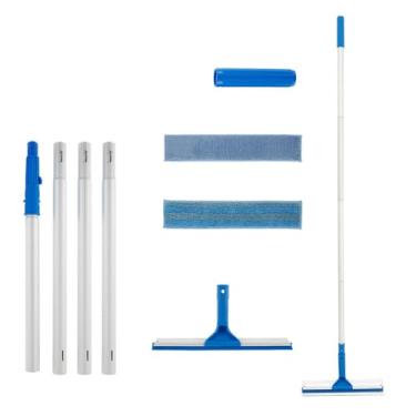 Imagem de Escova de limpeza de janela ajustável alça estendida esfregão limpador de vidro dupla face com rodo de silicone para ferramenta de limpeza doméstica, azul, W