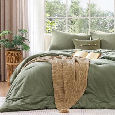 Imagem de WRENSONGE Conjunto de edredom King Size – 3 peças, verde, pré-lavado, macio, leve para todas as estações, edredom alternativo fofo tamanho king com 2 fronhas