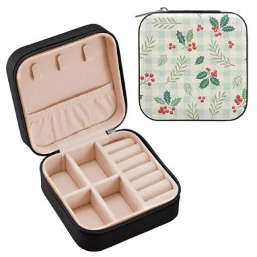 Imagem de Wassud Caixa de joias de Natal de azevinho guingão de viagem para mulheres, meninas, senhoras, noiva, mini organizador de joias de couro PU, caixa quadrada de armazenamento de joias para brincos