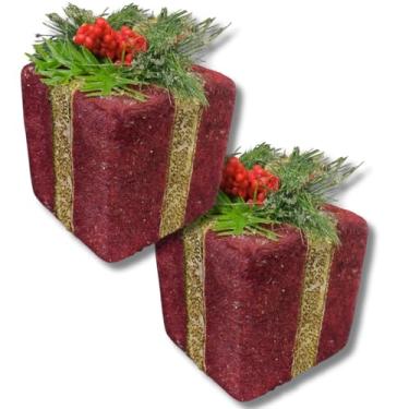Imagem de 2 Caixinhas de Presente Enfeites Natalinos 8cm | Detalhes Dourados e Arranjo de Folhagens | Ideal para Decoração de Natal, árvore, Pinheirinho, Casa, Lareira, Mesa, Nichos e Kits Natalinos