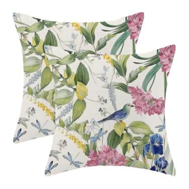 Imagem de QANOK Chinoiserie Capas de travesseiro 45,7 x 45,7 cm, conjunto de 2, capas de almofada de pássaros florais de primavera de linho para casa de fazenda, decoração de casa para sofá, sofá, ar livre