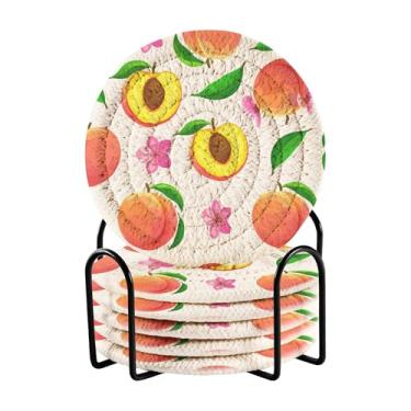 Imagem de SEHANY Conjunto de 6 porta-copos rosa pêssegos com suporte, porta-copos redondos absorventes de algodão resistente ao calor para mesa de jantar, canecas de café, proteção de copos, 10 cm