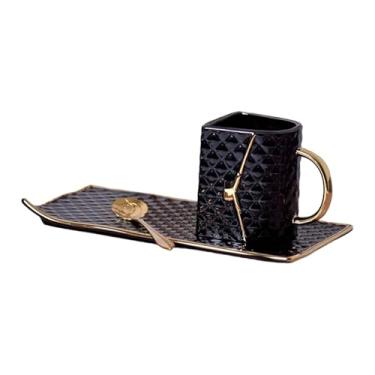 Imagem de Fenteer Conjunto de caneca de café em formato de bolsa com pires, colher e alça. Caneca de chá de cerâmica inovadora, ideal para mulheres e homens, para uso, Preto