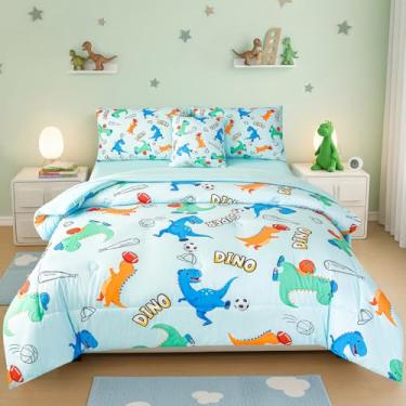 Imagem de Conjunto de edredom casal para meninos – cama de dinossauro astronauta, cama espacial de 6 peças em uma bolsa com lençóis, tema de galáxia para decoração de quarto de crianças, presente lavável na