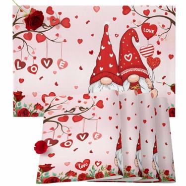 Imagem de Jogo americano de dia dos namorados, jogo americano de gnomo de pássaro para decoração de mesa de jantar, tapetes de linho de algodão, tapetes de mesa de rosas vermelhas amor ramo de coração para