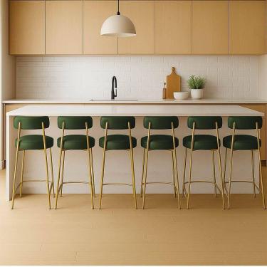 Imagem de Banqueta Cozinha Média Com Encosto Industrial Dourado Kit 6 Londres Pu Verde D03 - D`rossi