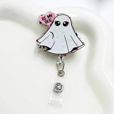 Imagem de Carretel de crachá de fantasma fofo com balão de coração rosa, carretéis retráteis para crachá de dia dos namorados com clipe retrátil para enfermeira, médica e professora