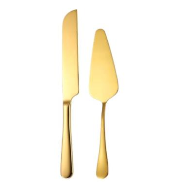 Imagem de Conjunto de corte de bolo para casamento, elegante conjunto de facas de bolo e servidor com bordas arredondadas de aço espesso, espátula de torta para aniversário, aniversário, 2 peças, ouro